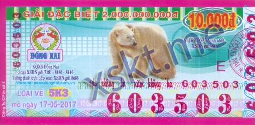 Mẫu vé sô xổ số Đồng Nai ngày 17/5/2017