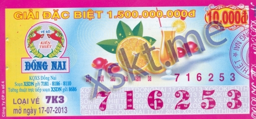 Mẫu vé sô xổ số Đồng Nai ngày 17/7/2013
