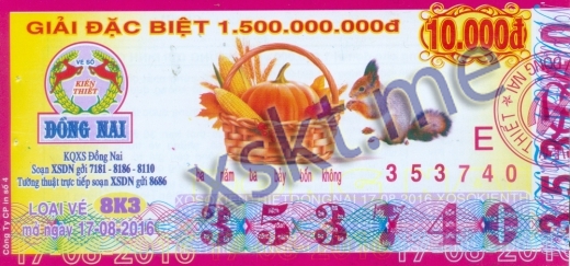 Mẫu vé sô xổ số Đồng Nai ngày 17/8/2016