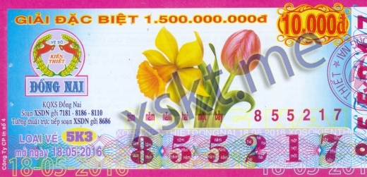 Mẫu vé sô xổ số Đồng Nai ngày 18/5/2016