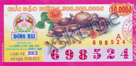 Mẫu vé sô xổ số Đồng Nai ngày 18/9/2013
