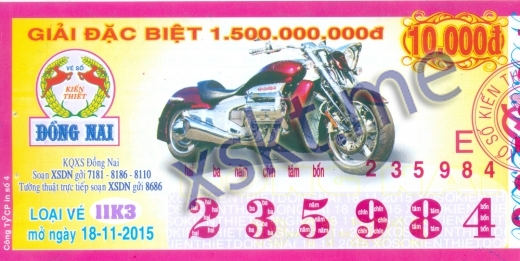 Mẫu vé sô xổ số Đồng Nai ngày 18/11/2015