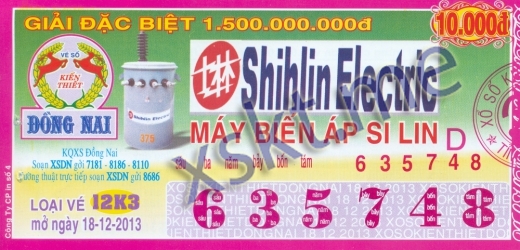 Mẫu vé sô xổ số Đồng Nai ngày 18/12/2013