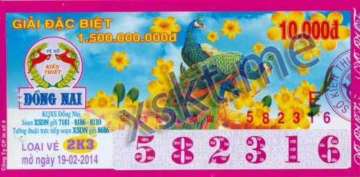 Mẫu vé sô xổ số Đồng Nai ngày 19/2/2014