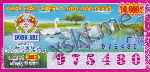 Mẫu vé sô xổ số Đồng Nai ngày 19/3/2014