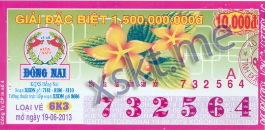 Mẫu vé sô xổ số Đồng Nai ngày 19/6/2013