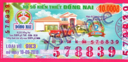 Mẫu vé sô xổ số Đồng Nai ngày 19/9/2018