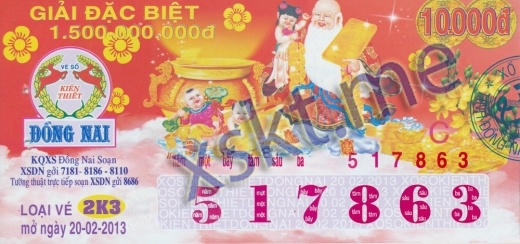 Mẫu vé sô xổ số Đồng Nai ngày 20/2/2013