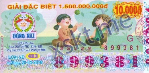 Mẫu vé sô xổ số Đồng Nai ngày 20/4/2016