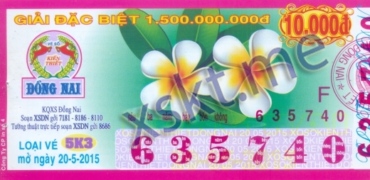 Mẫu vé sô xổ số Đồng Nai ngày 20/5/2015