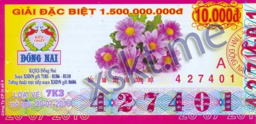 Mẫu vé sô xổ số Đồng Nai ngày 20/7/2016
