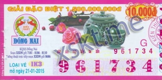 Mẫu vé sô xổ số Đồng Nai ngày 21/1/2015