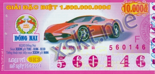 Mẫu vé sô xổ số Đồng Nai ngày 21/5/2014