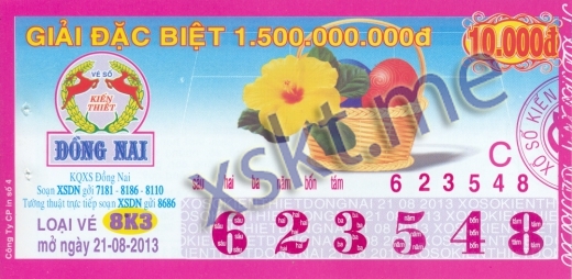 Mẫu vé sô xổ số Đồng Nai ngày 21/8/2013