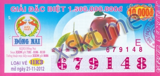 Mẫu vé sô xổ số Đồng Nai ngày 21/11/2012