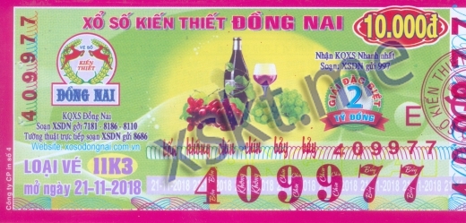 Mẫu vé sô xổ số Đồng Nai ngày 21/11/2018