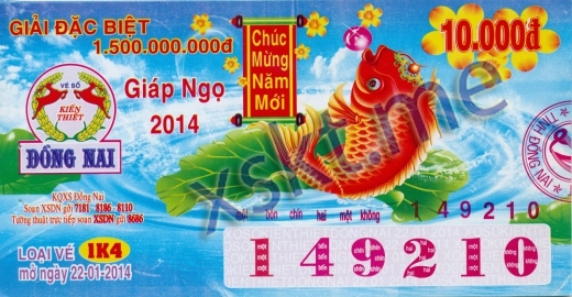 Mẫu vé sô xổ số Đồng Nai ngày 22/1/2014