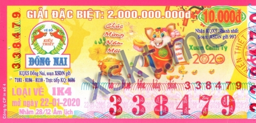 Mẫu vé sô xổ số Đồng Nai ngày 22/1/2020