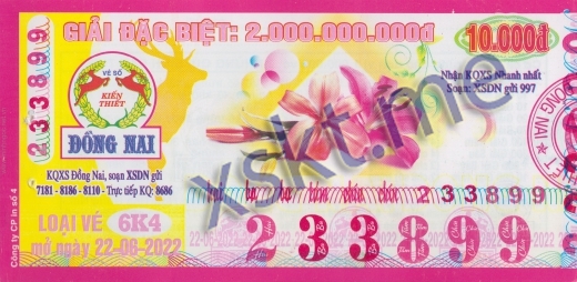 Mẫu vé sô xổ số Đồng Nai ngày 22/6/2022