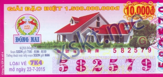 Mẫu vé sô xổ số Đồng Nai ngày 22/7/2015