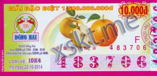 Mẫu vé sô xổ số Đồng Nai ngày 22/10/2014