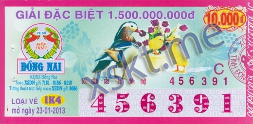 Mẫu vé sô xổ số Đồng Nai ngày 23/1/2013