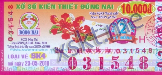 Mẫu vé sô xổ số Đồng Nai ngày 23/5/2018