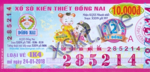 Mẫu vé sô xổ số Đồng Nai ngày 24/1/2018