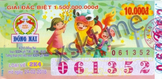 Mẫu vé sô xổ số Đồng Nai ngày 24/2/2016