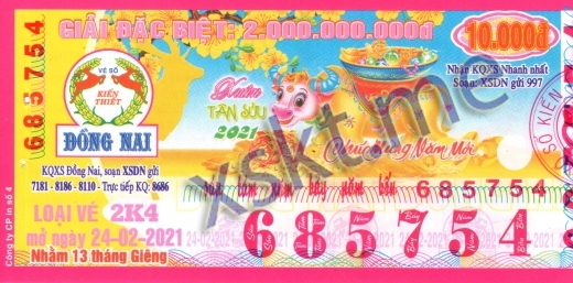 Mẫu vé sô xổ số Đồng Nai ngày 24/2/2021