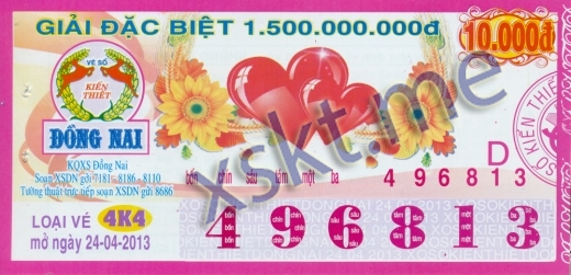 Mẫu vé sô xổ số Đồng Nai ngày 24/4/2013