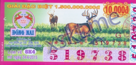 Mẫu vé sô xổ số Đồng Nai ngày 24/6/2015