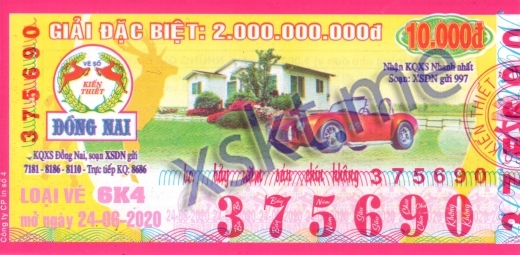 Mẫu vé sô xổ số Đồng Nai ngày 24/6/2020