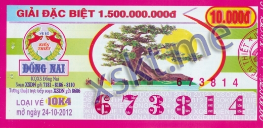 Mẫu vé sô xổ số Đồng Nai ngày 24/10/2012