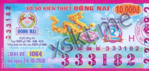 Mẫu vé sô xổ số Đồng Nai ngày 24/10/2018