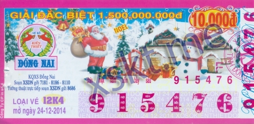 Mẫu vé sô xổ số Đồng Nai ngày 24/12/2014