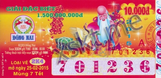 Mẫu vé sô xổ số Đồng Nai ngày 25/2/2015