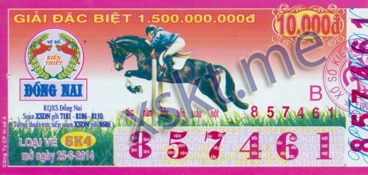 Mẫu vé sô xổ số Đồng Nai ngày 25/6/2014