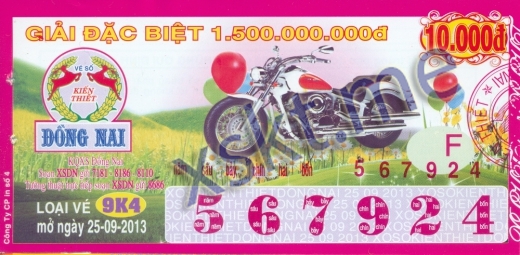 Mẫu vé sô xổ số Đồng Nai ngày 25/9/2013