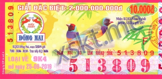 Mẫu vé sô xổ số Đồng Nai ngày 25/9/2019