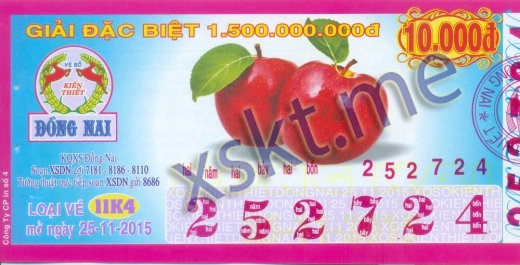 Mẫu vé sô xổ số Đồng Nai ngày 25/11/2015