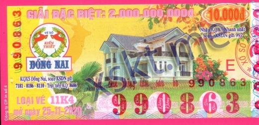 Mẫu vé sô xổ số Đồng Nai ngày 25/11/2020