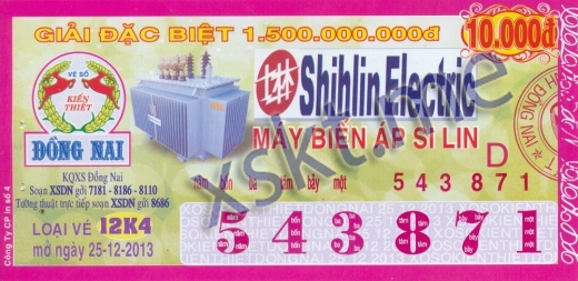 Mẫu vé sô xổ số Đồng Nai ngày 25/12/2013