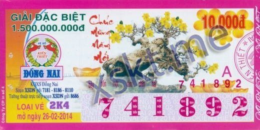 Mẫu vé sô xổ số Đồng Nai ngày 26/2/2014