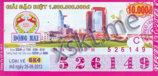 Mẫu vé sô xổ số Đồng Nai ngày 26/6/2013