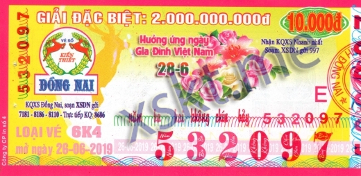 Mẫu vé sô xổ số Đồng Nai ngày 26/6/2019