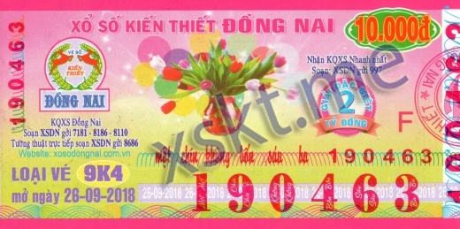 Mẫu vé sô xổ số Đồng Nai ngày 26/9/2018