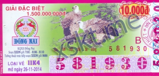 Mẫu vé sô xổ số Đồng Nai ngày 26/11/2014