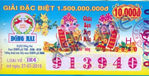 Mẫu vé sô xổ số Đồng Nai ngày 27/1/2016