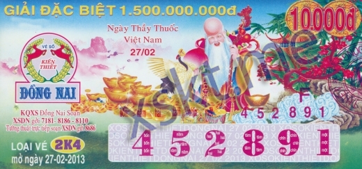 Mẫu vé sô xổ số Đồng Nai ngày 27/2/2013